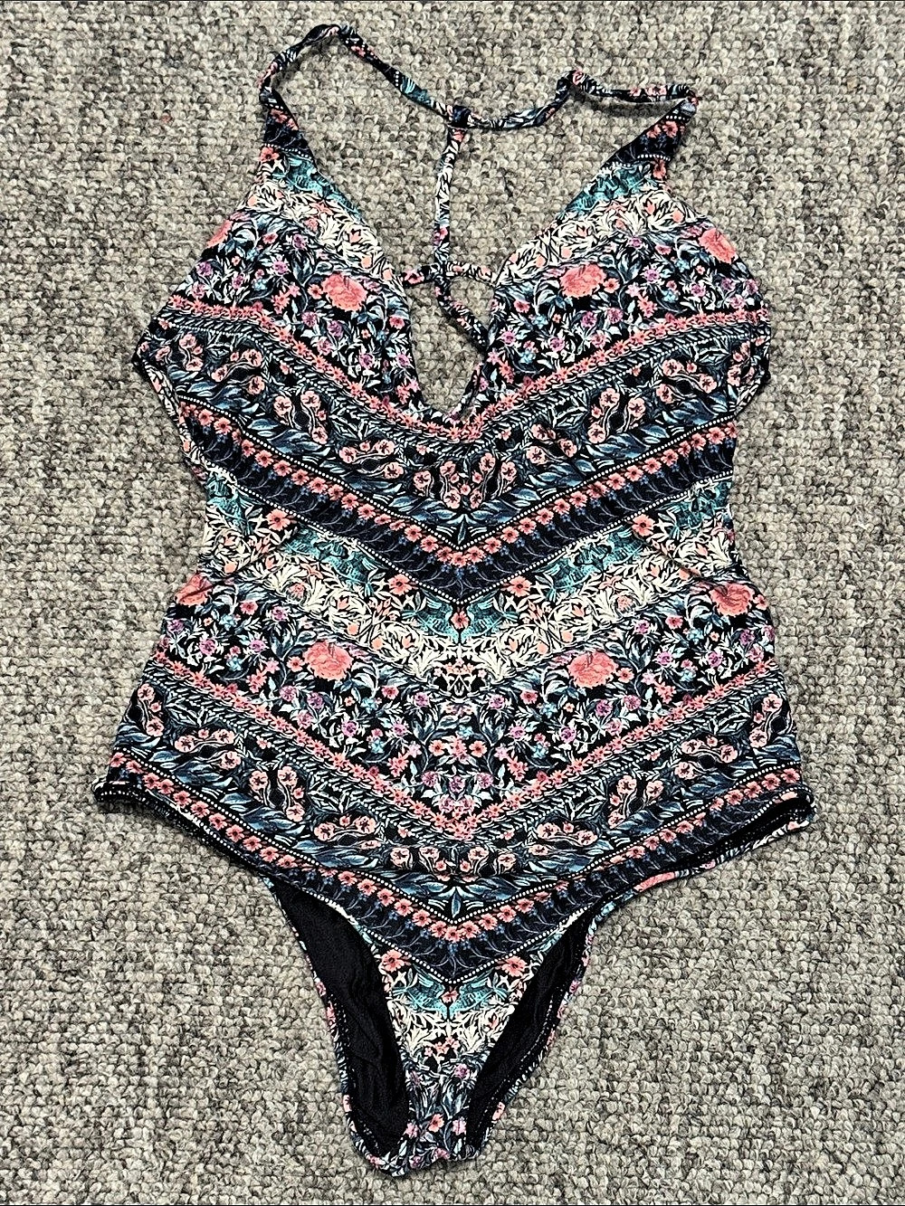 O’Neill Floral One-Piece Swimsuit in Black Teal & Pink Like New